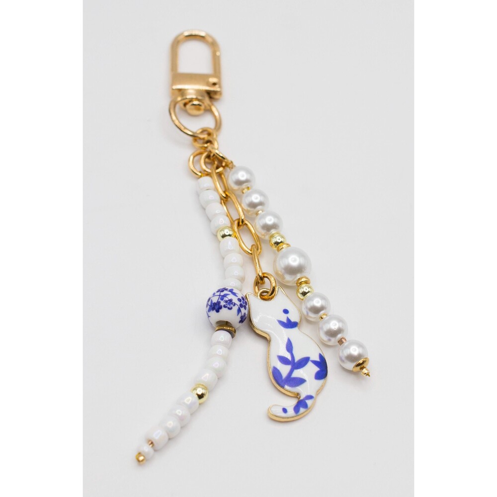Blue White Cat Pearl Beaded Keychain Bag Charm Holder - Picture 4 of 11